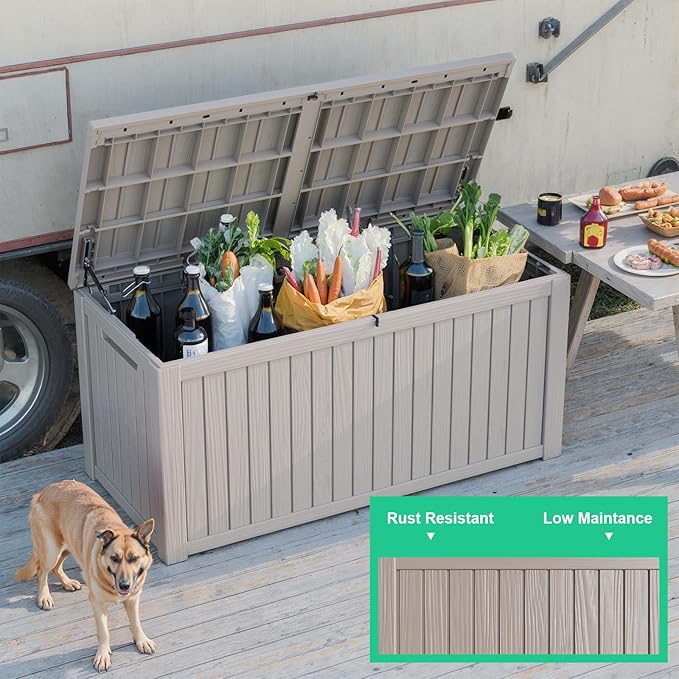 200 Gallon Resin Deck Box, Lockable Patio Outdoor Storage Box for Furniture, Garden Tools and Tools Storage, Waterproof Outside Storage Boxes - Grey