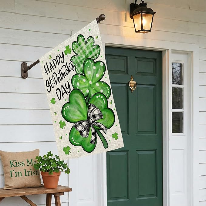CROWNED BEAUTY St Patricks Day Shamrocks House Flag 28x40 Inch Double Sided Green Decoration for Outside Yard CF1928-40