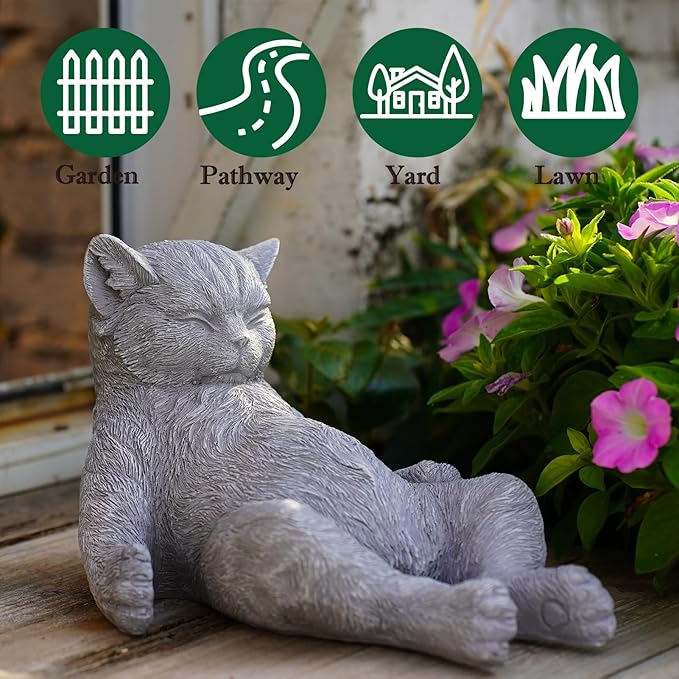 Cat Memorial Stone Garden Statue, Pet Statue Gifts for Loss of Cat Sympathy, Grave Markers for Garden Outdoor Decor, 9.8” L Weatherproof Lazy Tabby Figurine, Outdoor Patio Accent Yard Decoration