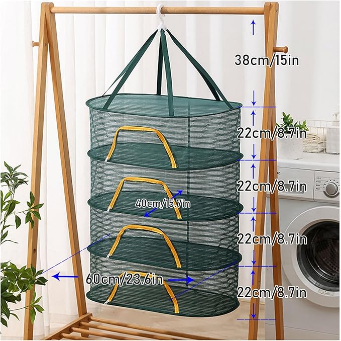 Herb Drying Rack 4 Layer Hanging Design with Green Zippers for Dehydrating, Indoor and Outdoor Pruning Shears Included Plants, Seeds, Buds Outdoor, Hydroponics (Green net Bag)