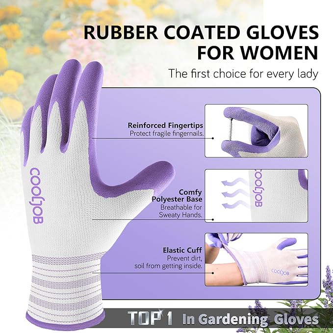 COOLJOB 2 Pairs Gardening Gloves for Women Ladies, Breathable Rubber Coated for Yard Garden, Outdoor Indoor Protective Work, Medium Size, Lavender Purple & Apple Green