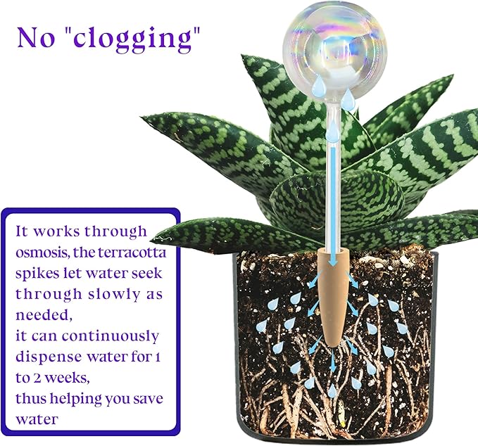 Non-Clogging Iridescent 3 Pack Ball Plant Watering Globes with Terracotta Spikes, Hand Blown Glass Self Watering Planter Insert Plant Watering Devices Bulbs for Indoor and Outdoor Plants