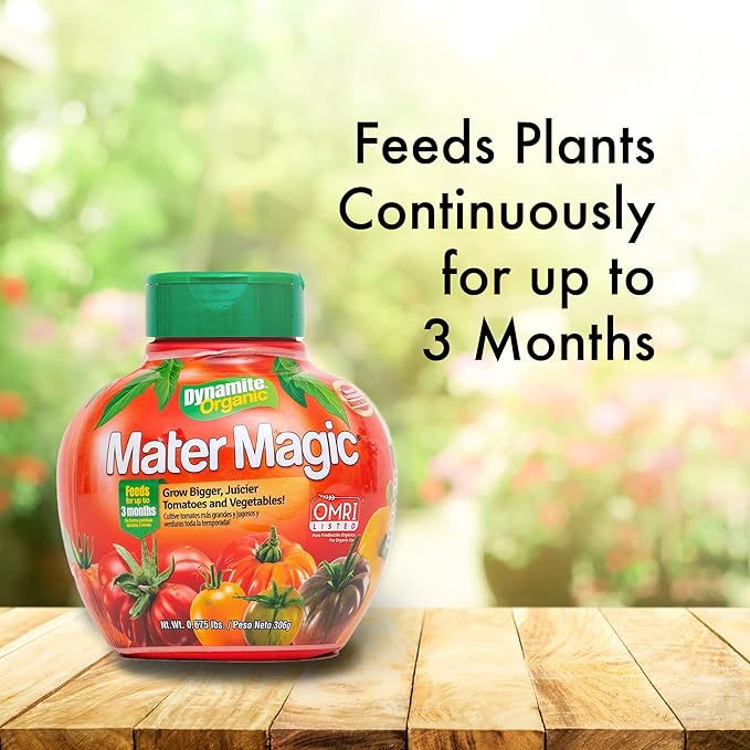 Dynamite Mater Magic - Organic Tomato Fertilizer for Bigger, Juicier Tomatoes and Vegetables, OMRI Listed, Nitrogen and Calcium-Rich Plant Food - .675 Pound Container with Shaker Lid (Pack of 2)