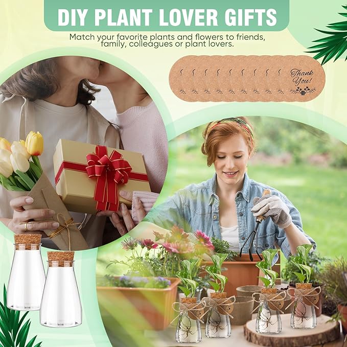Baderke 48 Pack 3.35'' Plastic Plant Propagation Stations with Hole Lid Planter Vase Clear Propagation Jars with Thank You Tags for Plant Lover Gifts for Women Office Home Garden