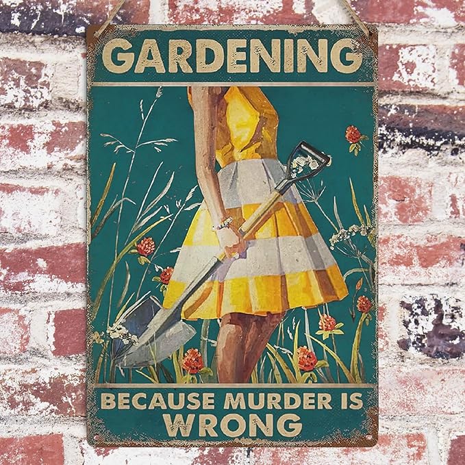 2Pcs Funny Garden Sign Gardening Because Murder Is Wrong Hoeing Ain't Easy Vintage Tin Plate Signs Garden Decor for Outside Yard, Backyard, Patio, Porch and Home Garden 8x12 Inch