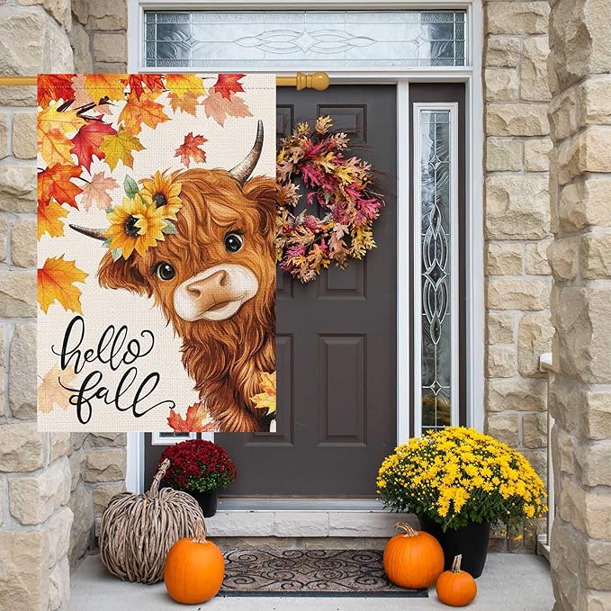 Louise Maelys Hello Fall Garden Flag Floral Highland Cow Welcome 28x40 Inch Double Sided Seasonal Autumn Maple Sunflower Large Burlap Thaksgiving Holiday Yard Sign Outside Outdoor House Decor