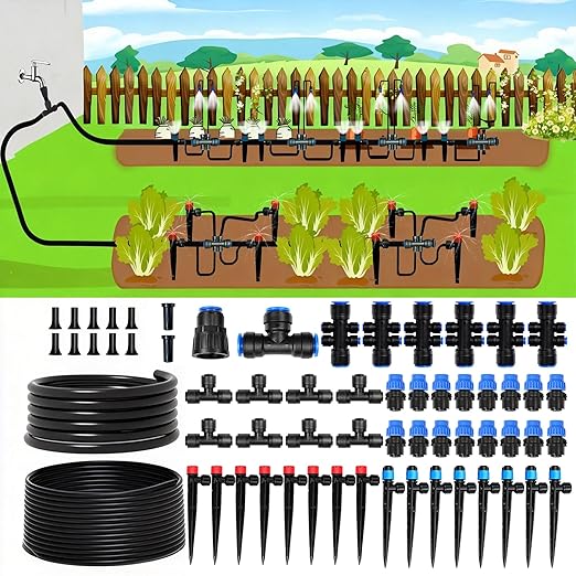 Drip Irrigation System Kit 230FT, Garden Watering System Drip Irrigation Kit with Quick-Connect 1/2'' & 1/4'' Tubing, 32 Adjustable Drippers & Sprayers, Irrigation System for Garden, Lawn, Greenhouse