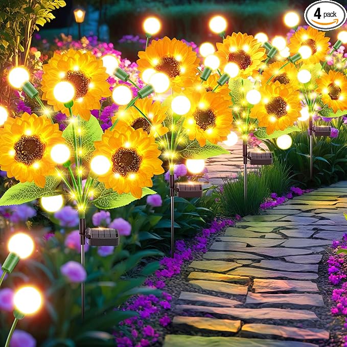 Garpar Garden Lights Solar Powered, Upgraded 4 Pack Bigger Solar Sunflowers with Swaying Firefly Lights, Brighter Waterproof Solar Yard Lights for Outdoor Garden Pathway Patio Lawn Backyard, Gift