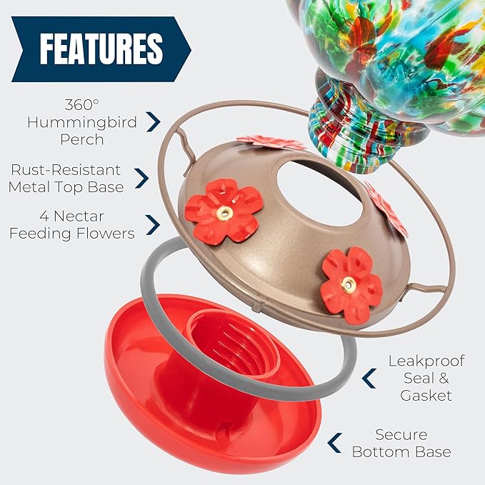 MEKKAPRO Glass Hummingbird Feeders for Outdoors 45oz, Decorative Feeder with Blown Stained Waterdrop Glass Design for Outdoors and Backyard, Easy Fill with 4 Nectar Feeding Flowers (Green)