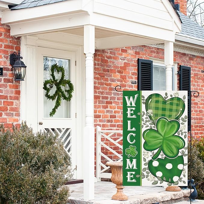 LosFong Welcome St Patricks Day Garden Flag 12x18 Inch Double Sided Lucky Clovers Shamrocks Small Yard Flag for Outside Decoration