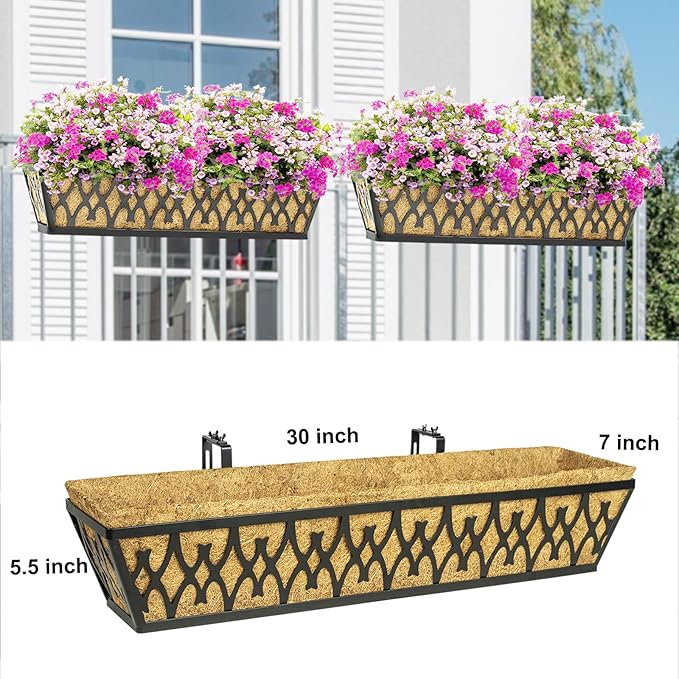 4 Pack 30 Inch Window Boxes Planters Railing Planter Box with Adjustable Brackets for Porch Fence Patio Balcony Hanging Flower Baskets with Coco Liners for Outdoor Garden Decor - Black