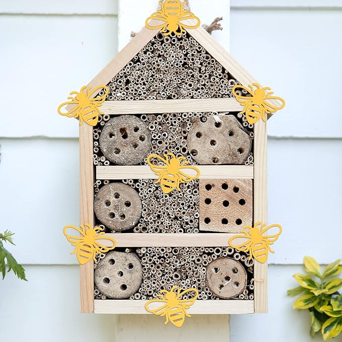 Yookeer 8 Pieces Wooden Bee Decor Wall Art Farmhouse Queen Bee Wall Sculpture Hanging Sign for Indoor Outdoor Garden Yard Lawn Decoration Spring Party Supplies(Gold)