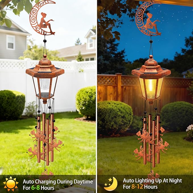 Large Solar Moon Fairy Wind Chimes with Wind Catcher/Solar Decor Light to Create a Zen Atmosphere Suitable for Outdoor, Garden, Patio Decor Classic Bronze Wind Chimes as A Memorial Gift for Unisex