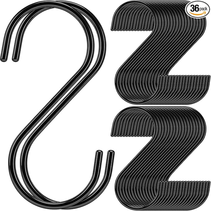 36 Pack 6 Inch Black S Hooks for Hanging Pots and Pans, Vinyl Coated Metal Kitchen Pot Rack Hooks Heavy Duty Hangers for Closet Jeans Utensils Coffee Mugs Plants