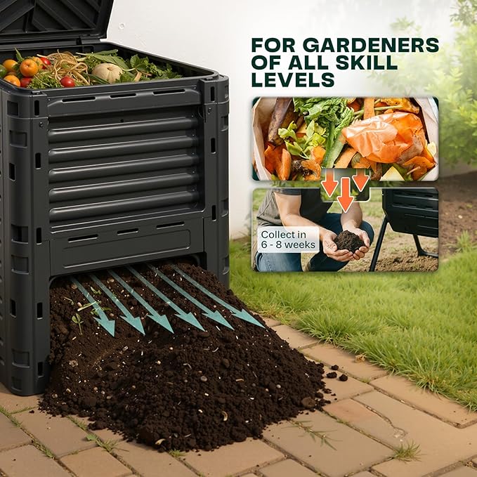 Idzo 80 Gallons Capacity Garden Compost Bin Outdoor, High-Density Polyethylene Outdoor Composter Bin with Efficient Aeration System for Quick Composting, Space-Saving