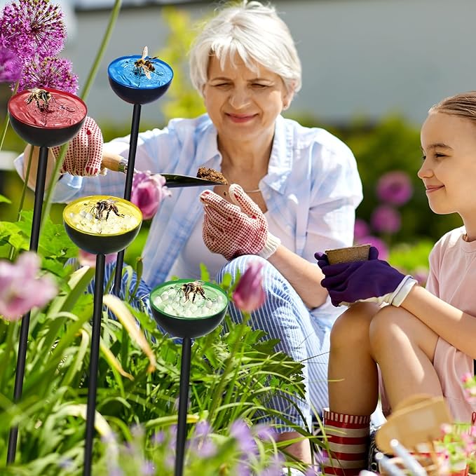 4 Pcs Bee Watering Station Butterfly Water Catcher Cups Small Insects Bee Feeders for Outside Feeding and Watering Metal Garden Stakes Garden Sculpture Decor