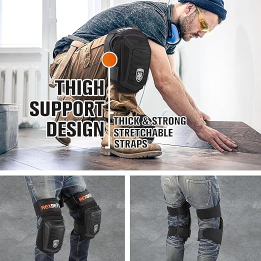 REXBETI New Upgraded Knee Pads for Work, Construction Knee Pads for Men, Heavy Duty Comfortable Anti-Slip Foam Gel Knee Pads for Gardening Flooring and Cleaning, Extra 4 Extension Straps, Black
