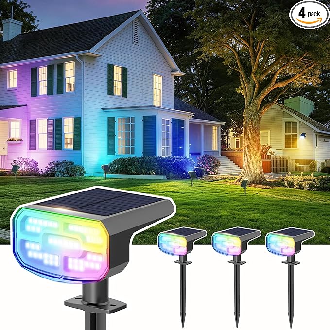Color Changing Solar Spot Lights Outdoor Waterproof IP65,9 Lighting Modes Multicolor RGB Christmas Spotlight for Porches Yard Gardens Landscape Deconrations-4 Pack