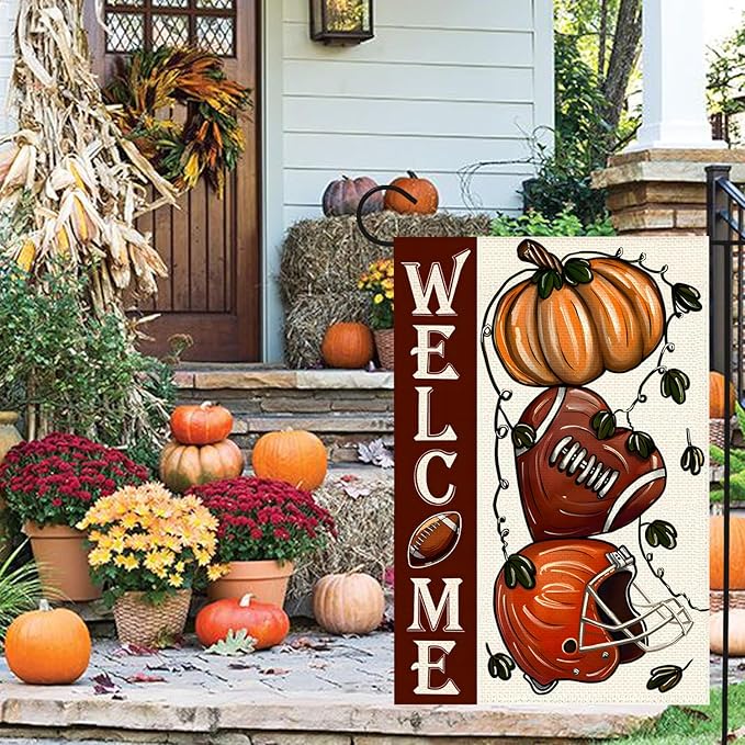 Thanksgiving Garden Flag 12x18 Inch Small Double Sided, Fall Pumpink Football Welcome Yard Outdoor Decorative Autumn Flag