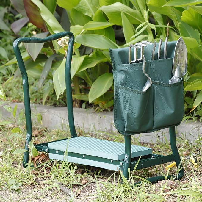 HomGarden Folding Garden Kneeler and Seat Bench 2 in 1, with Kneeling Pad & Large Tool Pouch, Ergonomic Foldable Gardener Stool for Seniors with Bad Knees, Outdoor Gardening Gifts for Women (2 Sets)
