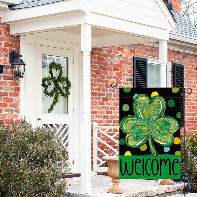 AVOIN colorlife St Patricks Day Garden Flag 12x18 Inch Double Sided Outside, Shamrock Clover Polka Dots Welcome Holiday Yard Outdoor Flag