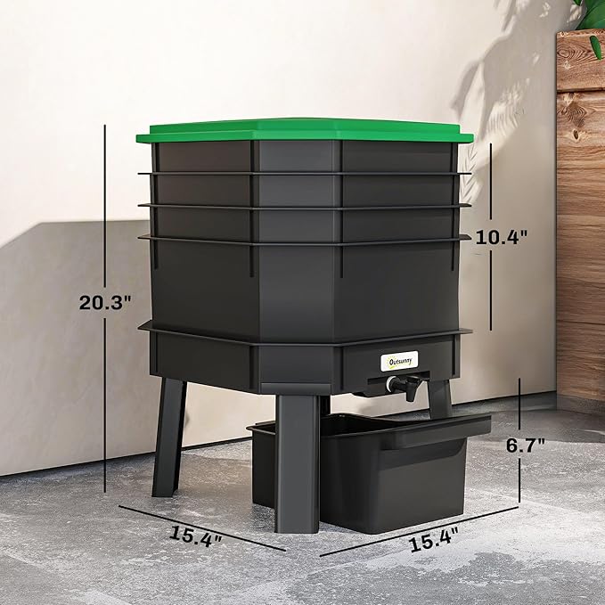Outsunny 4-Tray Worm Composter Bin, 7.4 Gal Outdoor & Indoor Worm Composter, Farm Starter Kits for Vermicomposting Starter, Garden Composting Bin for Recycling Food Waste, Dark Green