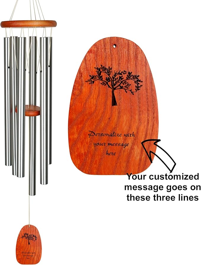 Woodstock Wind Chimes Personalized Tree of Life Amazing Grace Memorial Chime for Outside 40'' Large Silver Sympathy Customized Tree of Life Inspirational Wind Chime for Outdoor Patio Home Garden Decor