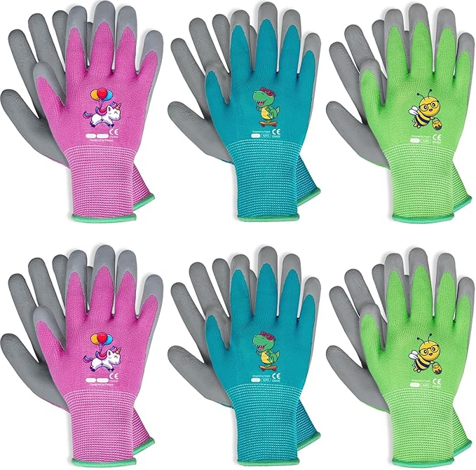 Ages 3-5 Kids Gardening Gloves,Yard Work Gloves for Toddlers, Youth, Girls, Boys, Childrens, Soft Safety Rubber Glove (6 Pairs Green, Blue&Pink, XXXS Age 3-5)
