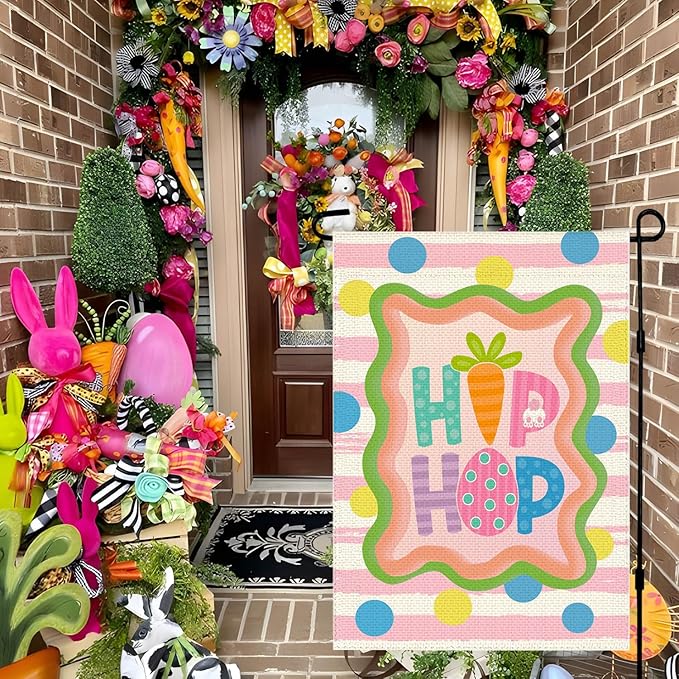 Easter Garden Flag Double Sided 12x18 inch, Hip Hop Bunny Decorative Yard Outdoor Home Small Decor, Stripes Polka Dots Farmhouse Burlap Outside House Decoration Spring Holiday Decor
