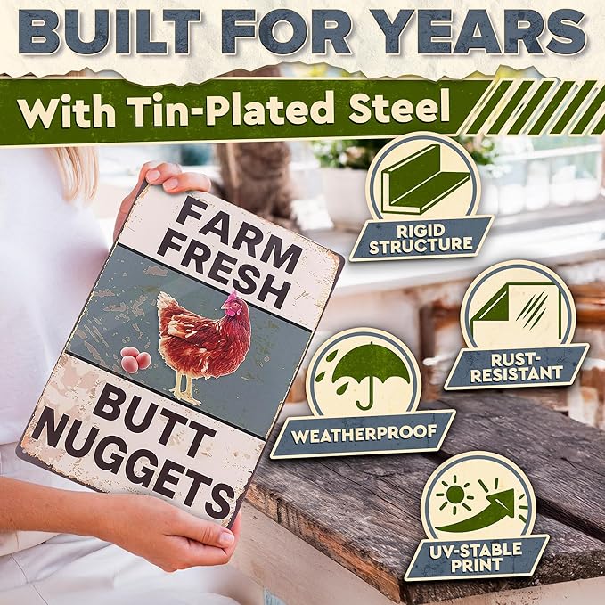 Metal Funny Chicken Coop Signs for Outside 8x12 in – Farm House Kitchen Decorations – Rustic Tin Farmhouse Wall Art and Vintage Chicken Decor for Kitchen, Porch, Barn, Backyard, Garden or Country Home