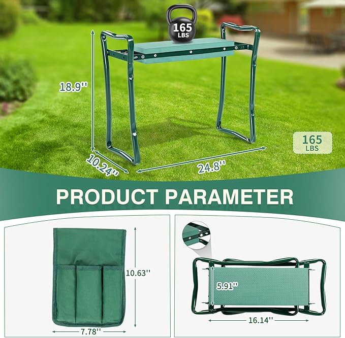 VINGLI 24in Foldable Garden Kneeler and Seat with Tool Pouch, 2-in-1 Function Portable Thicken Soft Kneeling Pad Garden Stool for Backyard, Green, Gifts for Garden Enthusiasts
