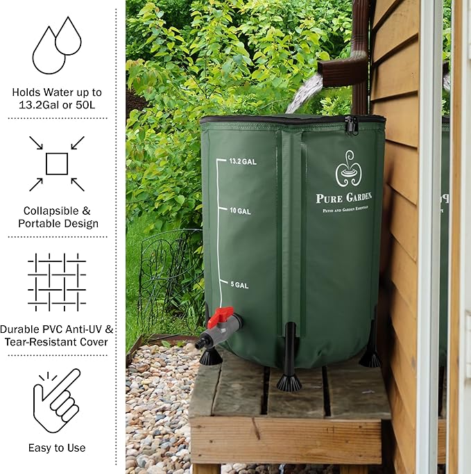 Rain Barrel - 13.2-Gallon/50-Liter Collapsible Water Container for Catching Rainwater - Portable Water Tank with Outflow Valve by Pure Garden (Green)