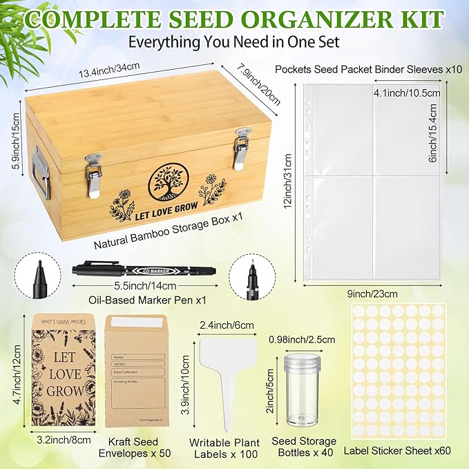 Large Bamboo Seed Storage Organizer with Lid and Locks, Seed Organizer Storage Box with 40 Jars, 50 Envelopes, 100 Plant Labels 60 Stickers & More, 4 Compartments for Garden Seeds