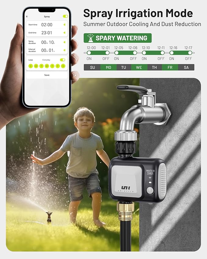 WiFi Sprinkler Timer, Unistyle Programmable Smart Water Timers, WiFi Irrigation Controller with Rain Delay, Auto Mode Manual Mode, Outdoor Hose Timer for Patio Lawns, Yards and Garden