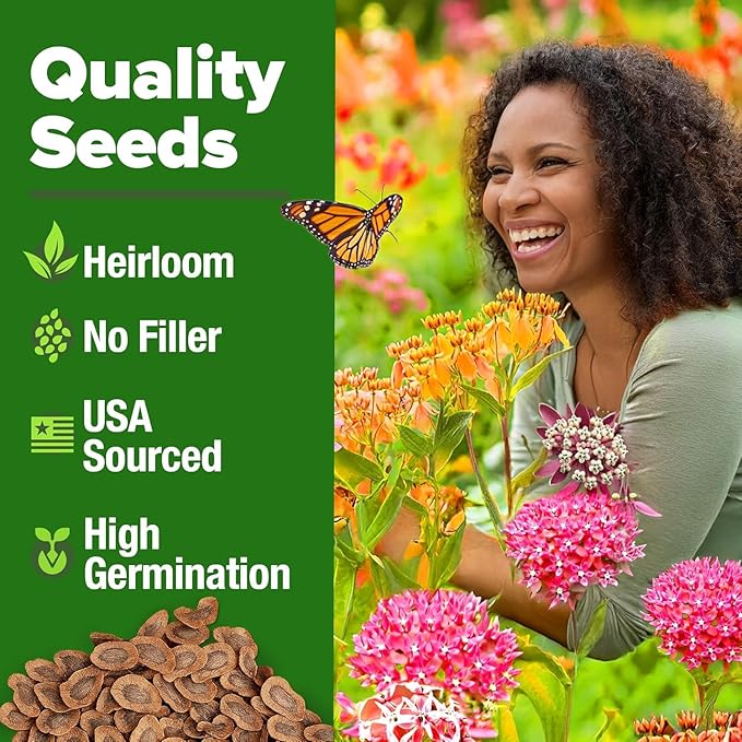 HOME GROWN Milkweed Seeds for Planting - 5 Varieties (Butterfly, Common, Pink Swamp, Prairie, Showy) 500+ Heirloom Non-GMO Seeds - Pollinator Garden Starter Kit for Monarch Butterflies