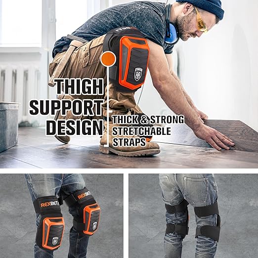 REXBETI New Upgraded Knee Pads for Work, Construction Knee Pads for Men, Heavy Duty Comfortable Anti-Slip Foam Gel Knee Pads for Gardening Flooring and Cleaning, Extra 4 Extension Straps, Orange