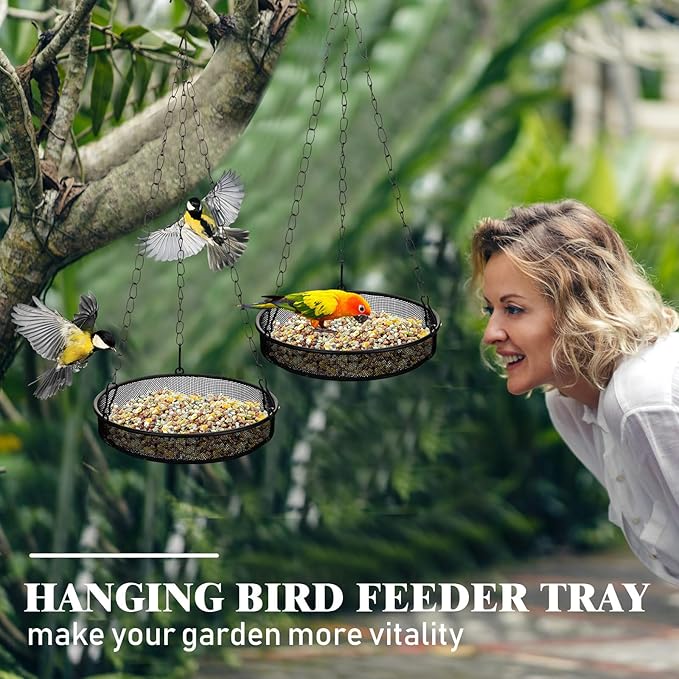 4 Pieces Hanging Bird Feeder Tray Platform Metal Mesh Feeder Seed Platform for Bird Feeding Outside Outdoors Wild House Hanging for Attracting Birds, Black(Round)