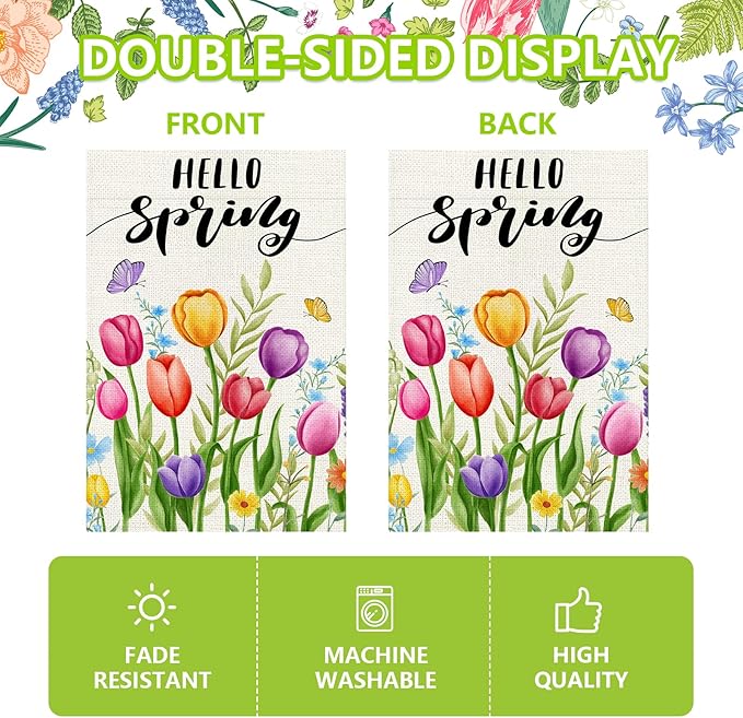 Hello Spring Garden Flag 12x18 Inch, Double Sided Colorful Tulips Flag, Seasonal Flower Yard Outdoor Decoration