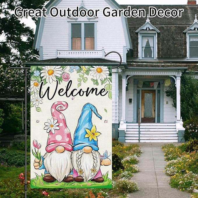 Spring Garden Flag 12x18 Inch - Cute Gnome Couple with Floral Design, Double-Sided "Welcome" Outdoor Decor for Patio Yard Spring Seasonal Decorations