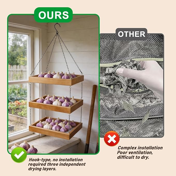 3-Tier Hanging Herb Drying Rack | 15.7"x11.8" Wooden & Mesh Dryer for Herbs, Flowers | Space-Saving Vertical Storage Solution for Kitchen, Grow Tent, and Balcony - Perfect for Home Gardeners