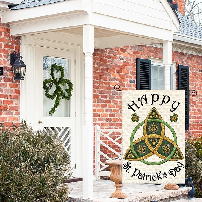 AVOIN colorlife Trinity Happy St Patricks Day Garden Flag 12x18 Inch Double Sided Outside, Shamrock Clover Welcome Yard Outdoor Decoration