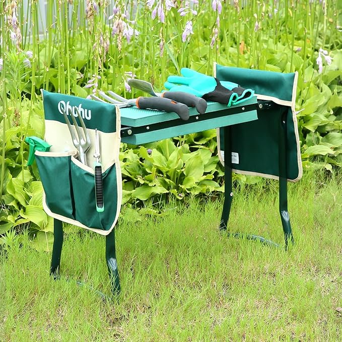Ohuhu Garden Kneeler and Seat Heavy Duty, Upgraded Gardening Stool with Thicker and Wider EVA Foam Kneeling Pad Foldable Garden Bench with 2 Large Tools Pouches, Christmas Gardening Gifts for Seniors