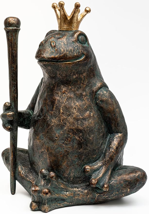 Frog Garden Statue, Yard Decorations Outdoor Decor, Weather-Resistant Animal Figurines & Sculptures, Seated Prince Frog with Scepter for Patio & Lawn, 11.5" H×9.8" L