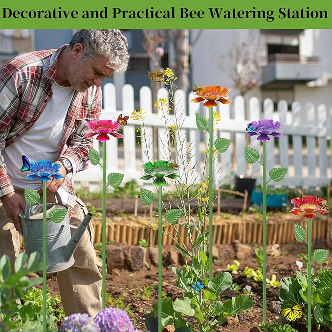 6 Pack Bee Watering Station - Flowers Butterfly Feeder, Bee Water Feeders for Outside, Metal Garden Decor, Bee Baths for Garden Yard Patio