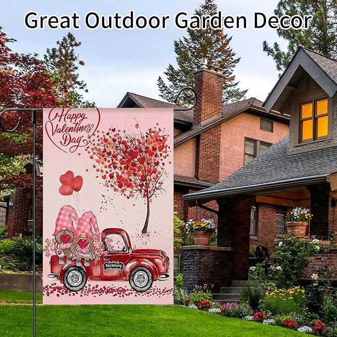 Valentine's Day Garden Flag 12x18 Inch - Cute Gnome Couple with Red Truck & Heart Tree, Double-Sided Outdoor Yard Flag Decor for Patio Yard Valentine Decorations