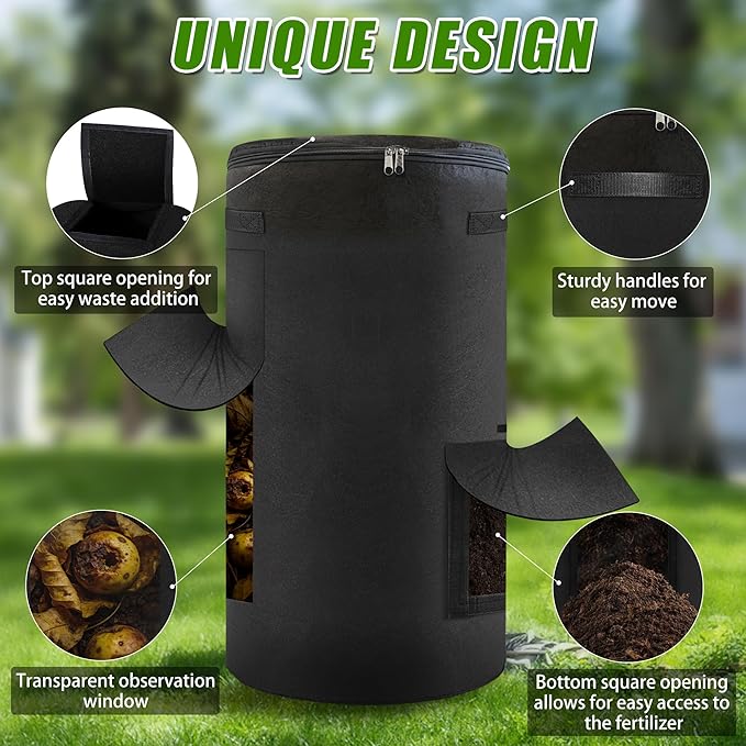 Reusable Compost Bin Outdoor, 34 Gallon Home Compost Bucket with Handles and Observation Windows, Breathable Thickened Foldable Compost Bin for Garden Yard (1 Pack, Black)