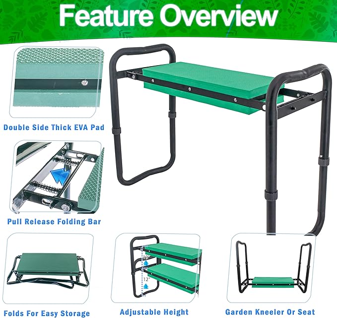 5 STAR SUPER DEALS Adjustable Garden Kneeler & Seat with Handles - Heavy-Duty Outdoor Foldable, Portable Garden Stool with Thick EVA Foam Pad, Multi-Purpose Gardening Bench for Kneeling and Sitting.