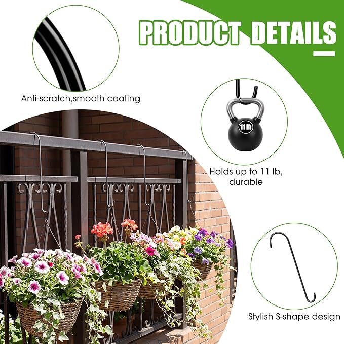 24 Pack 18 Inch S Hooks for Hanging Plants, Heavy Duty Metal Extension Hangers for Bird Feeders Wind Chimes Flower Baskets Black Vinyl Coated Rustproof Garden Hooks