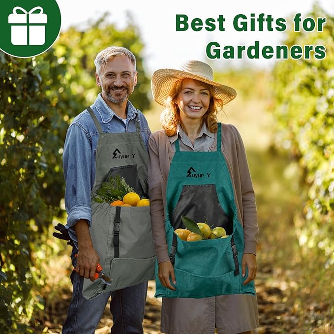 Garden Apron, Gardening Apron with Pockets for Women Men, Canvas Cross Back Harvest Aprons with & Internal Drawstring Bag