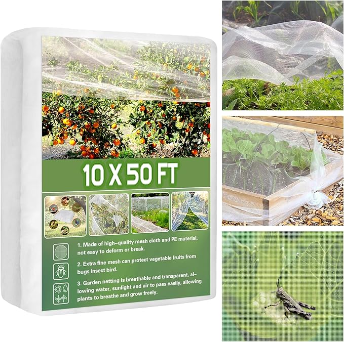 Unves Garden Netting, 10' x 50' Ultra Fine Mesh Bird Netting for Garden, Insect Mosquito Net for Patio Protection, Pests Bugs Plant Covers for Vegetable Plants Fruit Trees Berry Bushes Raised Beds